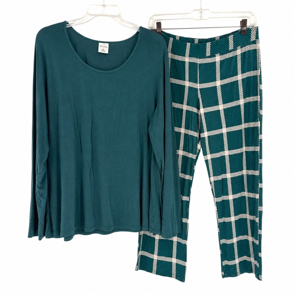 Soma Teal Plaid Pajama Set XL Long Sleeve Top Pants 2 Piece Loungewear